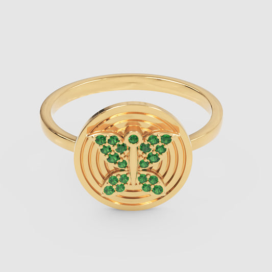 Emerald Initial T Signet Ring With Concentric Circle Design - One