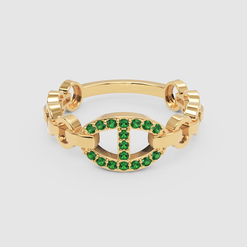 Emerald Oval Ring (Lab-Grown) | Yellow Gold Chain Link Vertical Bar Design | Jebij - One
