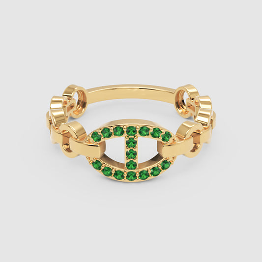 Emerald Oval Ring (Lab-Grown) | Yellow Gold Chain Link Vertical Bar Design | Jebij - One