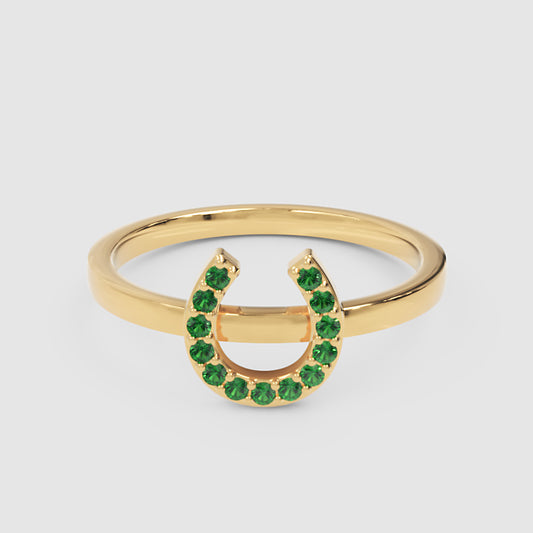 Emerald Horseshoe Ring With Pav Stones - One