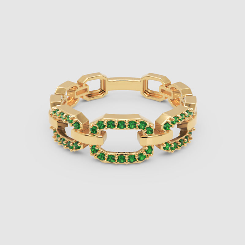 Emerald Chain Link Ring In Yellow Gold | Double Pave Interlocking Statement Luxury Ring For Women | Jebij - One