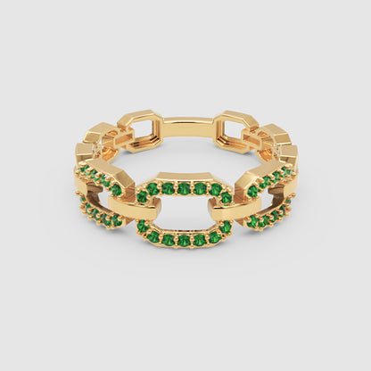 Emerald Chain Link Ring In Yellow Gold | Double Pave Interlocking Statement Luxury Ring For Women | Jebij - One