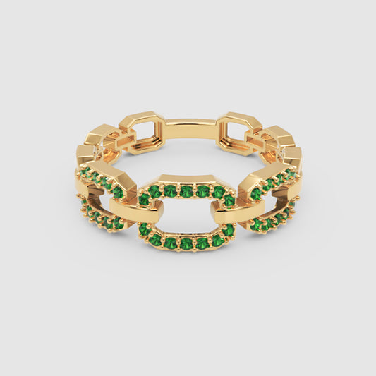 Emerald Chain Link Ring In Yellow Gold | Double Pave Interlocking Statement Luxury Ring For Women | Jebij - One