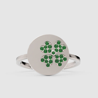 Four Leaf Clover Disc Ring With Green Stones - One