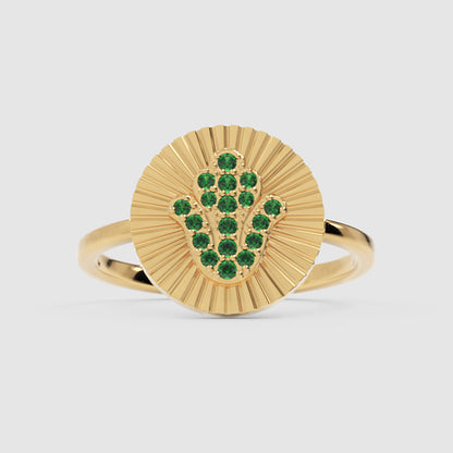 Hamsa Hand Emerald Disc Ring With Sunburst Texture - One