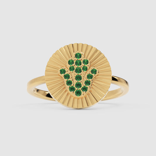 Hamsa Hand Emerald Disc Ring With Sunburst Texture - One