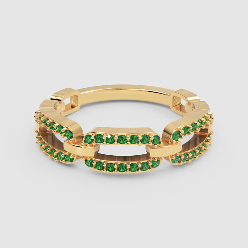 Lab-Grown Emerald Interlocking Link Ring In Yellow Gold | Double Pave Luxury Chain Design Statement Ring For Women | Jebij - One
