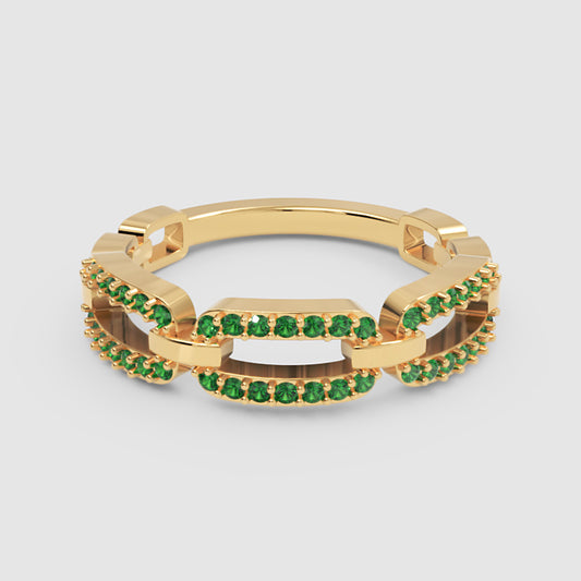 Lab-Grown Emerald Interlocking Link Ring in Yellow Gold | Double Pave Luxury Chain Design Statement Ring for Women | Jebij