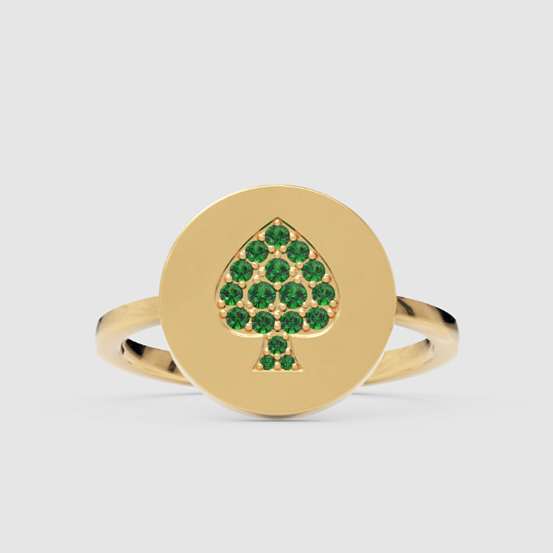 Emerald Spade Signet Ring With Pav Gemstones - One