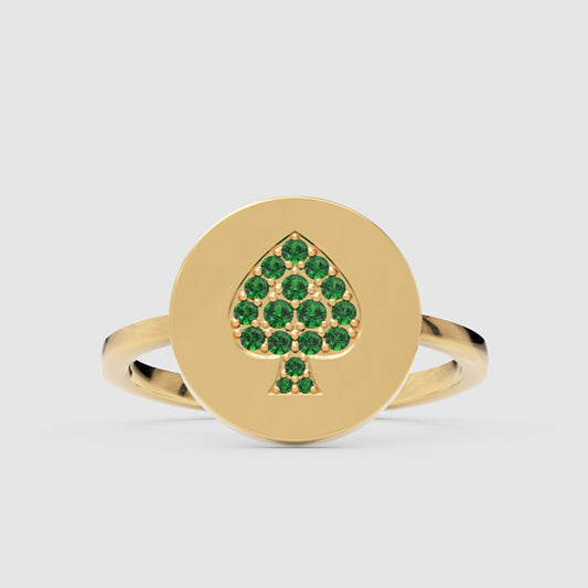 Emerald Spade Signet Ring With Pav Gemstones - One