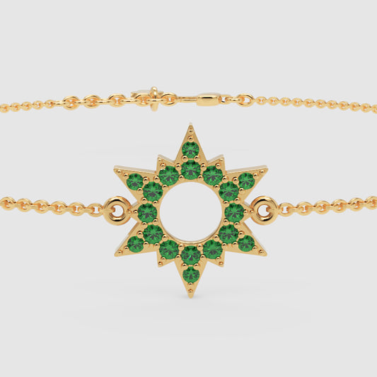 Green Gemstone Starburst Bracelet With Chain Link Design - One