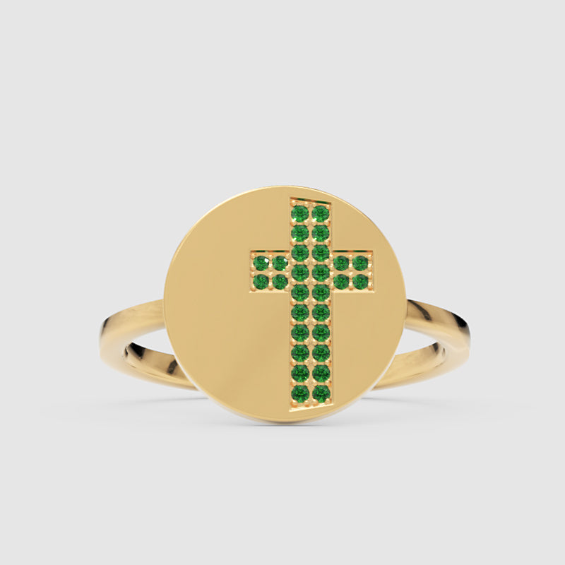 Emerald Cross Signet Ring With Disc Design - One