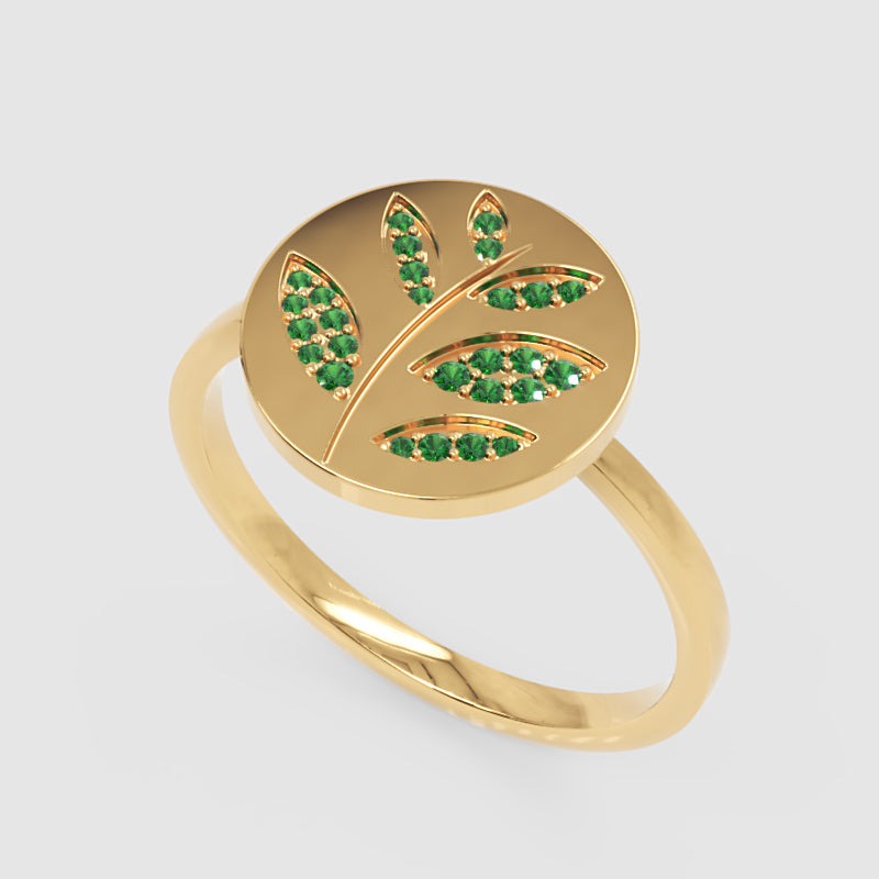 Emerald Leaf Disc Ring With Pav Gemstones - One
