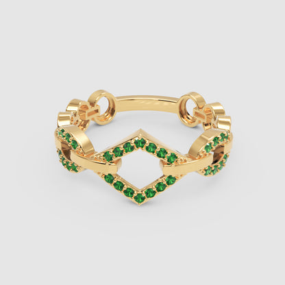 Luxury Emerald Chevron Ring | Yellow Gold Double V Chain Link Bold Design | Jebij - One