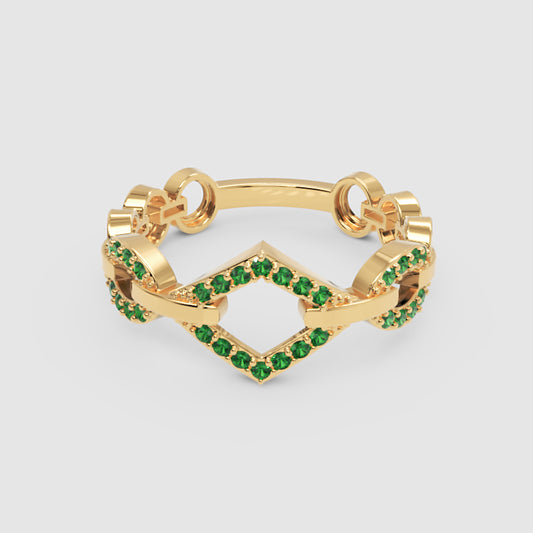 Luxury Emerald Chevron Ring | Yellow Gold Double V Chain Link Bold Design | Jebij - One