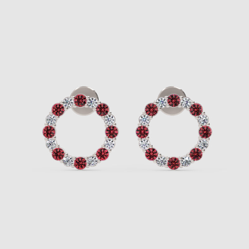 Red Gemstone And White Diamond Circle Stud Earrings In White Gold - Three