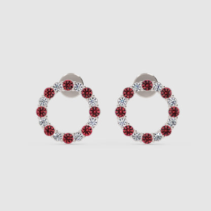 Red Gemstone And White Diamond Circle Stud Earrings In White Gold - Three