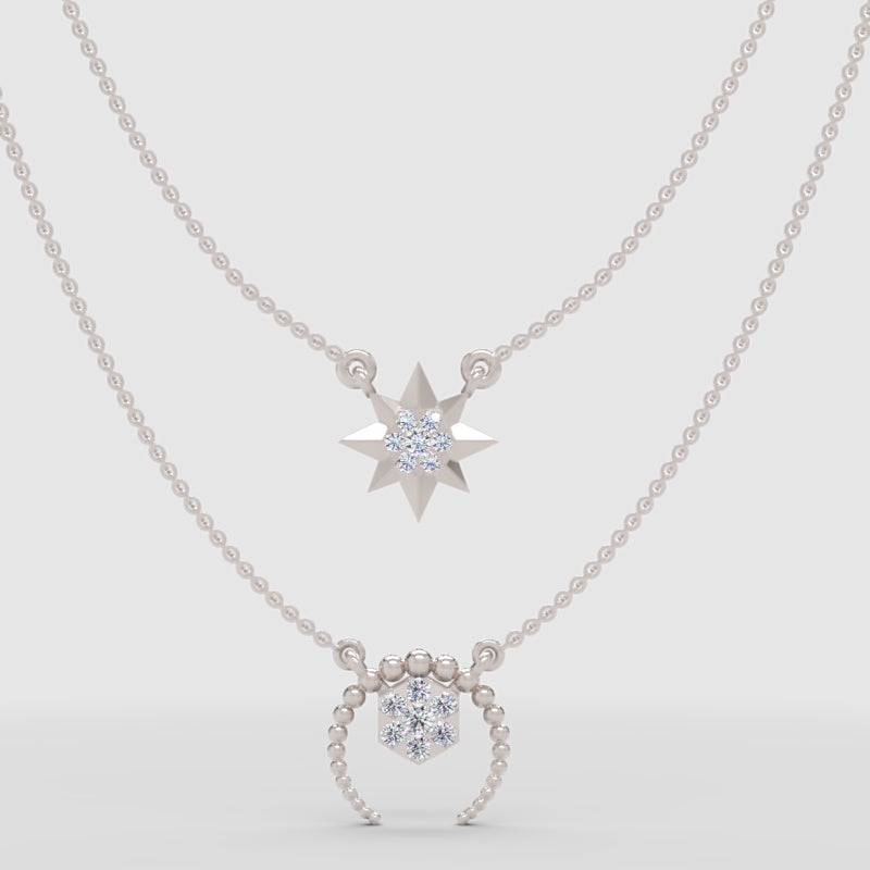 Layered Star And Circle Pendant Necklace With Crystal Accents - One