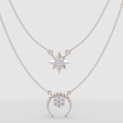 Layered Star And Circle Pendant Necklace With Crystal Accents - One