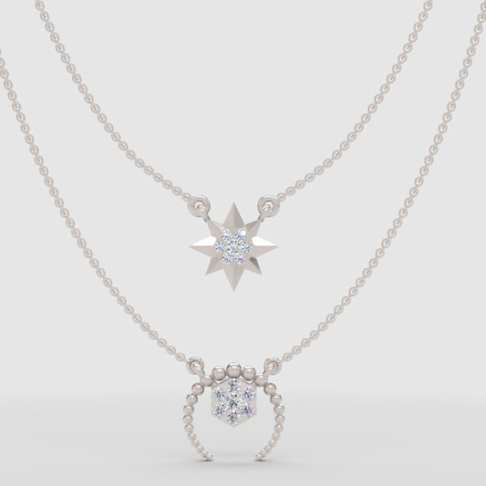Layered Star And Circle Pendant Necklace With Crystal Accents - One