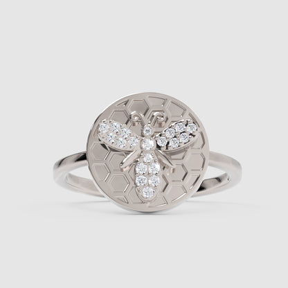 Honeycomb Bee Ring With Pav Diamond Accents - One