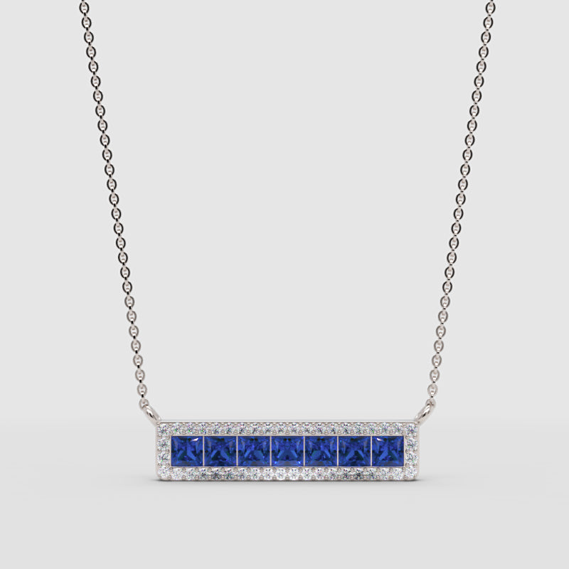 Blue Sapphire And Diamond Bar Necklace In White Gold - One