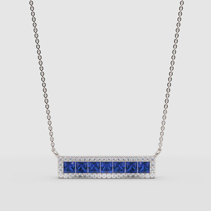 Blue Sapphire And Diamond Bar Necklace In White Gold - One