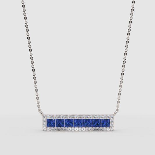 Blue Sapphire And Diamond Bar Necklace In White Gold - One
