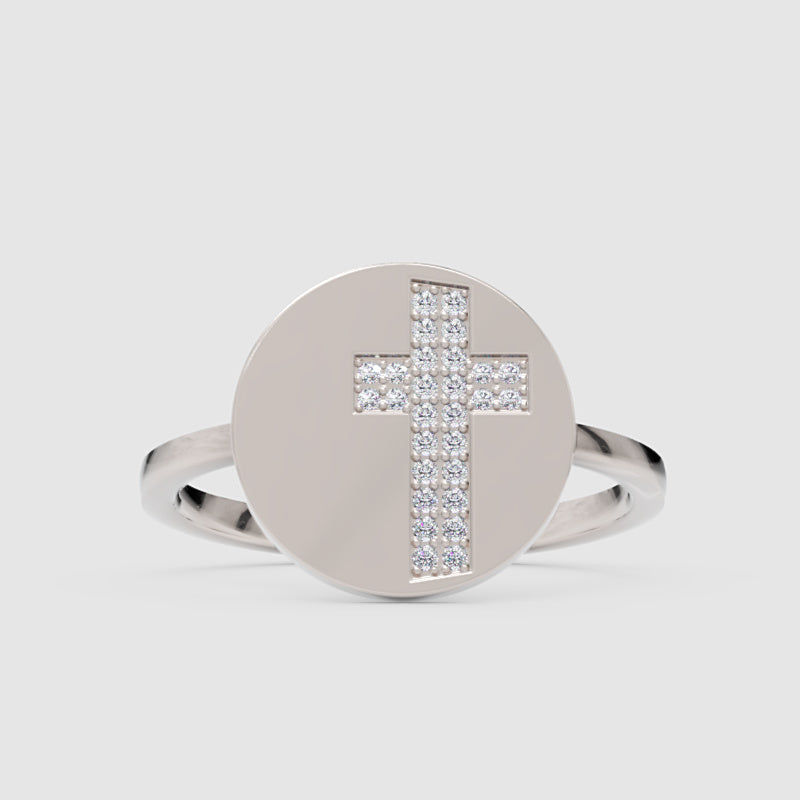 Pav Cross Disc Signet Ring With Twisted Band - One