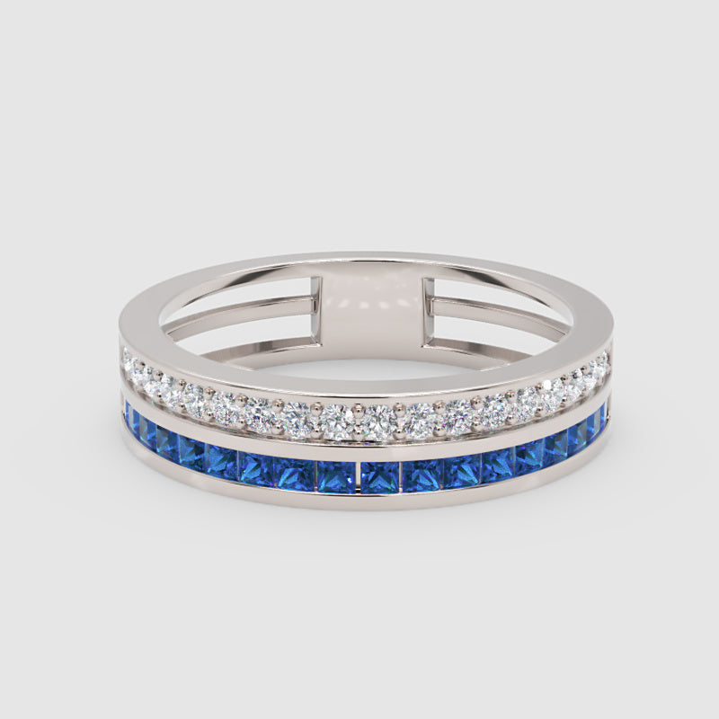 Blue Sapphire and Diamond Channel Set Double Band Ring