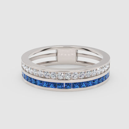 Blue Sapphire and Diamond Channel Set Double Band Ring