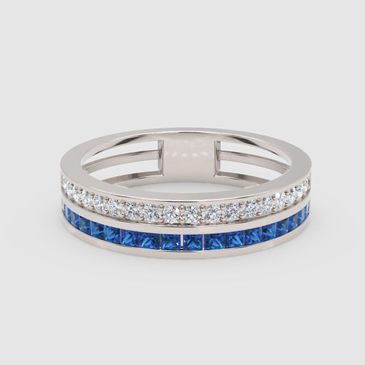 Blue Sapphire and Diamond Channel Set Double Band Ring