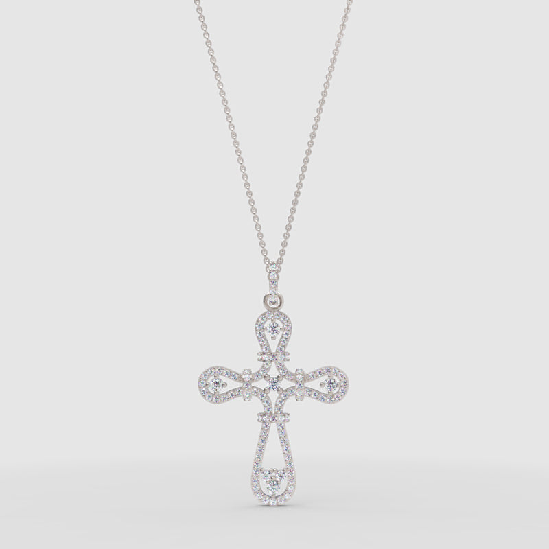 Ornate Filigree Cross Pendant Necklace With Cubic Zirconia Stones - One