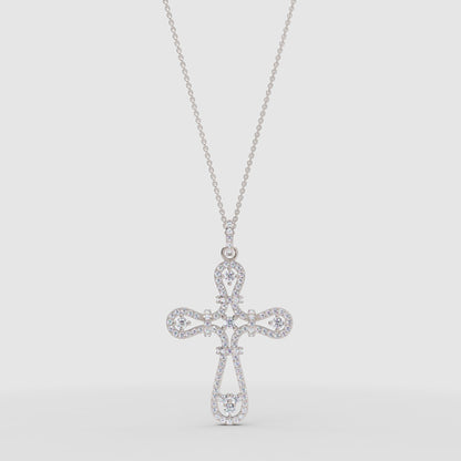 Ornate Filigree Cross Pendant Necklace With Cubic Zirconia Stones - One
