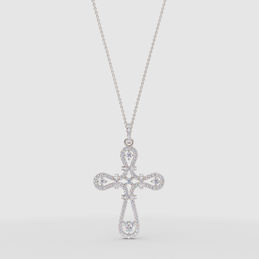 Ornate Filigree Cross Pendant Necklace With Cubic Zirconia Stones - One