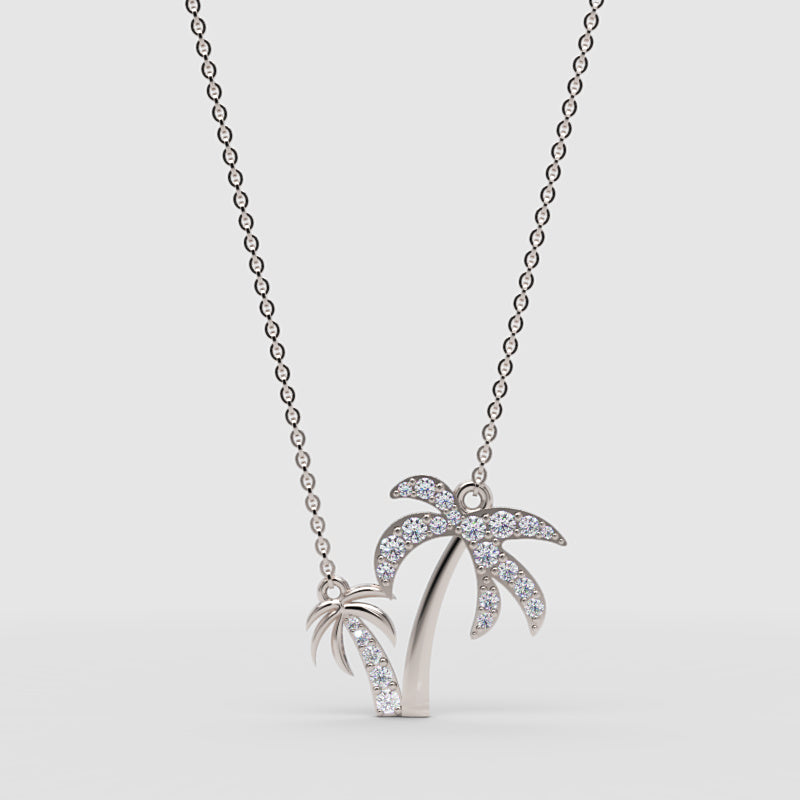 Palm Tree And Surfboard Pendant Necklace With Pav Crystals - One