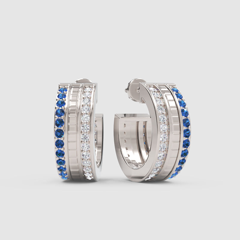 Blue Sapphire & Diamond Dual Row Hoop Earrings In White Gold – Luxury Statement Hoops | Jebij - One