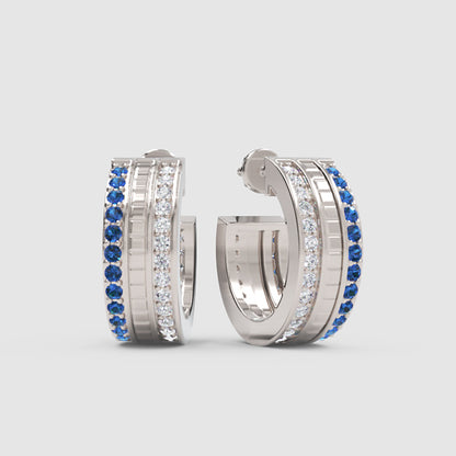 Blue Sapphire & Diamond Dual Row Hoop Earrings In White Gold – Luxury Statement Hoops | Jebij - One