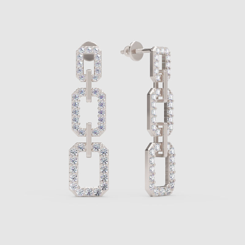 Pav Chain Link Drop Earrings With Rectangular Links - One