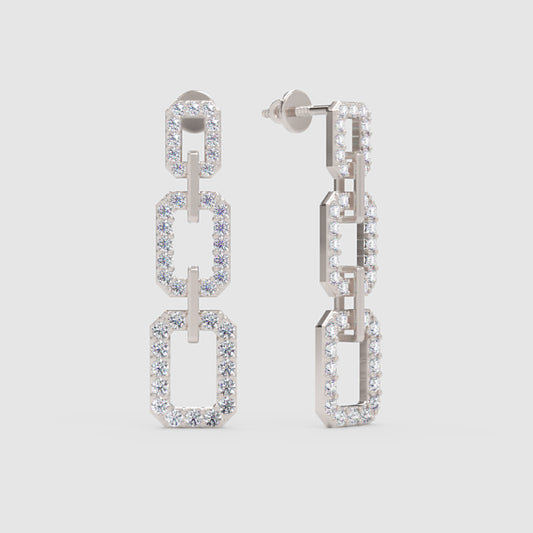 Pav Chain Link Drop Earrings With Rectangular Links - One