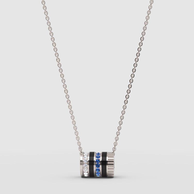 White Gold Multi-Band Barrel Pendant Necklace With Diamond, Blue Sapphire & Enamel | Jebij - One