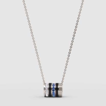 White Gold Multi-Band Barrel Pendant Necklace With Diamond, Blue Sapphire & Enamel | Jebij - One