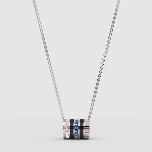 White Gold Multi-Band Barrel Pendant Necklace With Diamond, Blue Sapphire & Enamel | Jebij - One