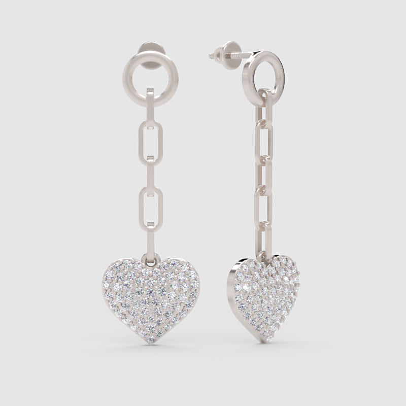 Pav Heart Chain Link Drop Earrings - One