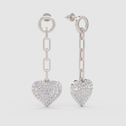 Pav Heart Chain Link Drop Earrings - One