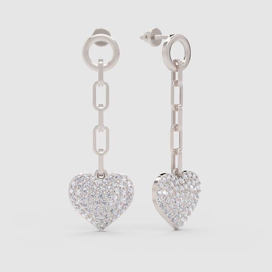 Pav Heart Chain Link Drop Earrings - One
