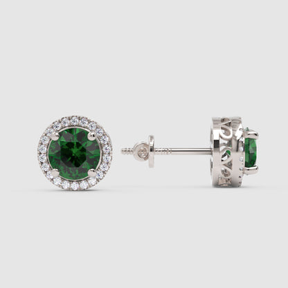 Sterling Silver Green Emerald Earrings – Halo Stud With Diamond Accents For Women - One