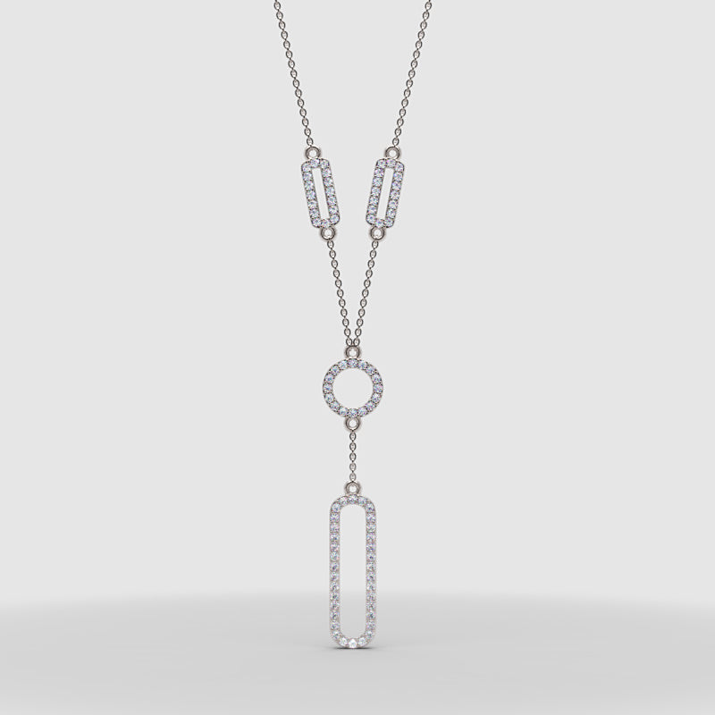Diamond Geometric Drop Y Necklace In White Gold | Modern Pave Circle & Bar Design (16–17 Inch Adjustable) | Jebij - One