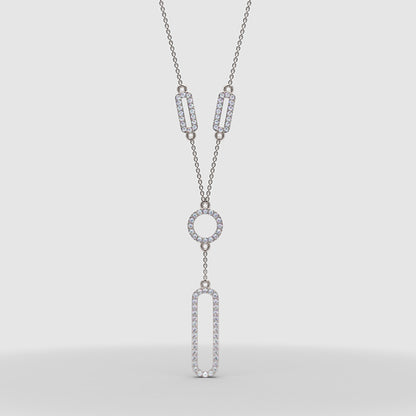 Diamond Geometric Drop Y Necklace In White Gold | Modern Pave Circle & Bar Design (16–17 Inch Adjustable) | Jebij - One
