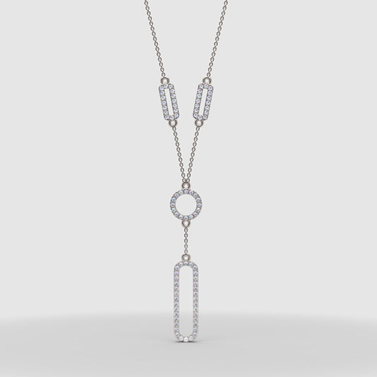 Diamond Geometric Drop Y Necklace In White Gold | Modern Pave Circle & Bar Design (16–17 Inch Adjustable) | Jebij - One